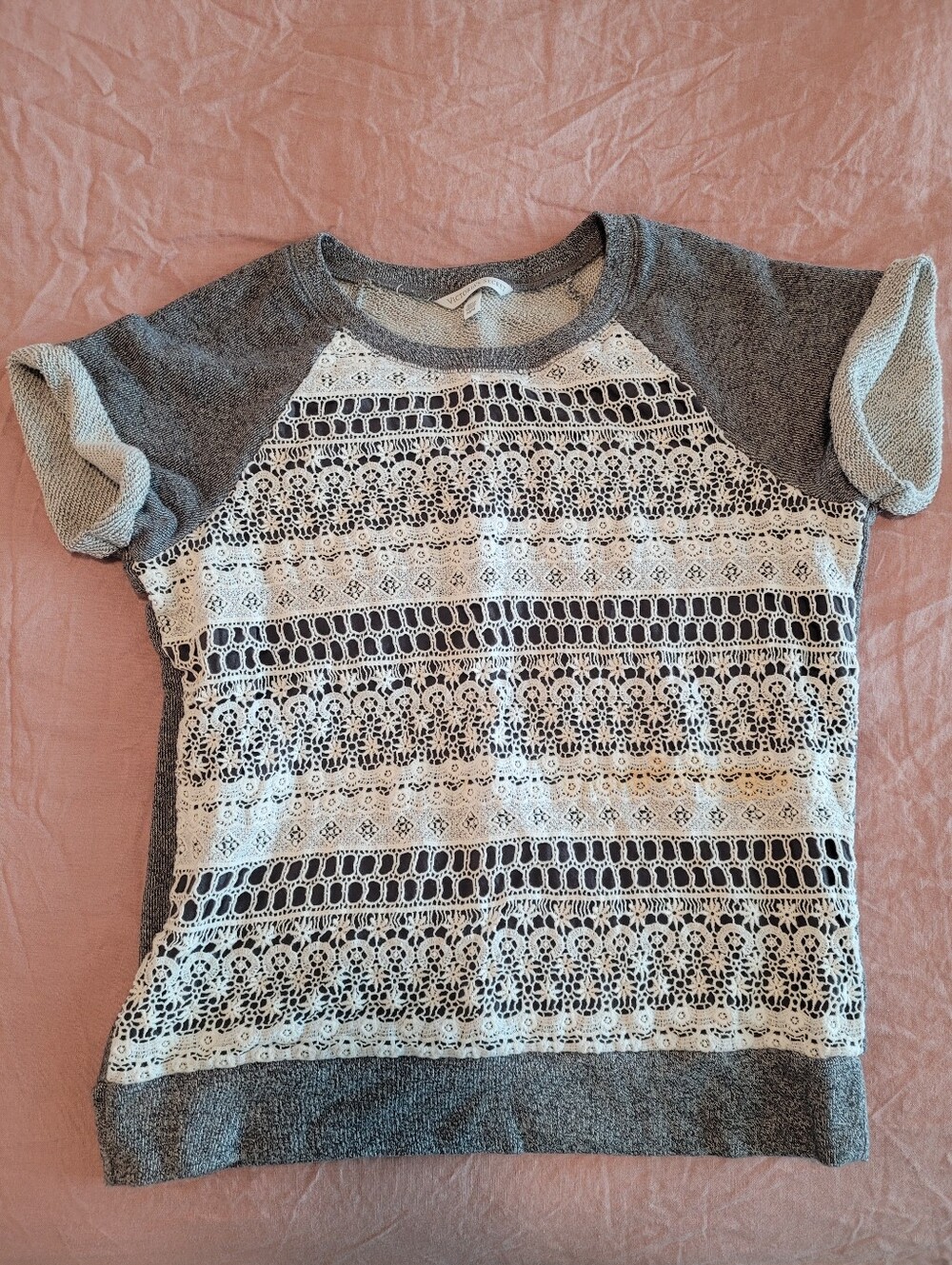 Women's Grey and White Lace-Front Knit Shirt